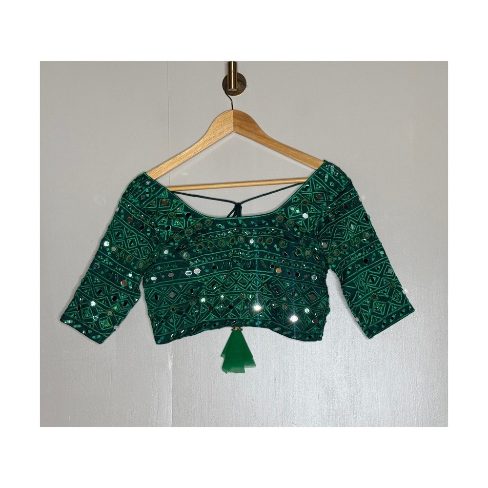 Green Mirror Work Saree Blouse Embroidered Crop Top Choli Tassel Back Size S